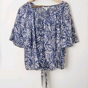 Counterparts White Blue Floral Top Womens US L SS Buttons Ties Cottage Lagenlook